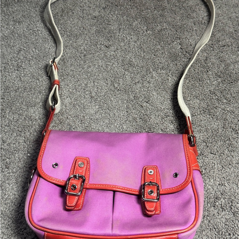 Coach Pink & Orange Canvas Park Crossbody Bag with color-block leather trim!!